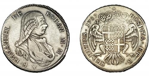 715 - MONEDAS EXTRANJERAS. MALTA. Enmanuel de Rohan. 30 tarí. 1789. KM-335.1. Rayitas de ajuste. MBC.