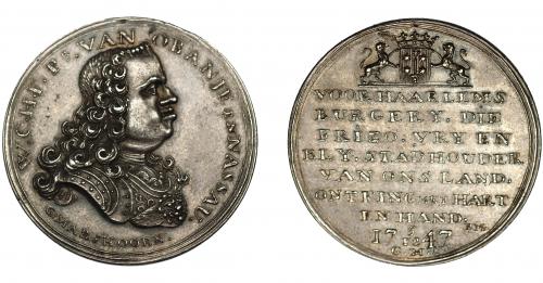 729 - MONEDAS EXTRANJERAS. PAÍSES BAJOS. Guillermo IV de Orange-Nasau. Medalla. 1747. Grabador G. MARSHOORN. AR 10 g. 33 mm. EBC-.