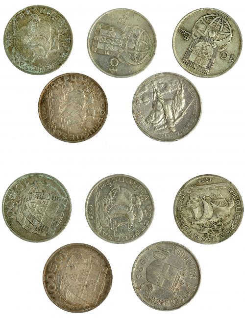738   -  MONEDAS EXTRANJERAS. PORTUGAL. Lote de 5 monedas de 10 escudos. 1928, 1932, 1940, 1954 y 1955. MBC/MBC+.