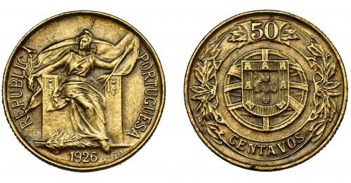 745 - MONEDAS EXTRANJERAS. PORTUGAL. 50 centavos. 1926. KM-575. Barnizada. EBC-.