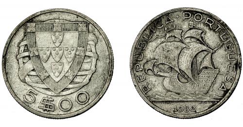 749   -  MONEDAS EXTRANJERAS. PORTUGAL. 5 escudos. 1932. KM-581. MBC+.