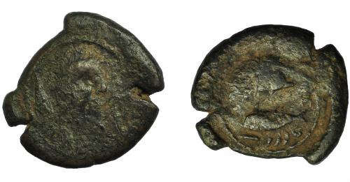 8 - HISPANIA ANTIGUA. ABDERA. Unidad. A/ Cabeza masculina a der., detrás clav. R/ Delfín y atún, debajo ´bdrt, detrás dos glóbulos. AE 12,12 g. 29,5 mm. I-11. ACIP-868. Cospel irregular. BC/BC+. Muy rara.