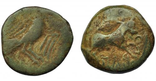 81 - HISPANIA ANTIGUA. OBULCO. Semis. A/ Águila a der. R/ Toro a der., debajo OBVL(CO). AE 6,61 g. 20 mm. I-1850. ACIP-2239. Pátina verde. BC. Muy escasa.