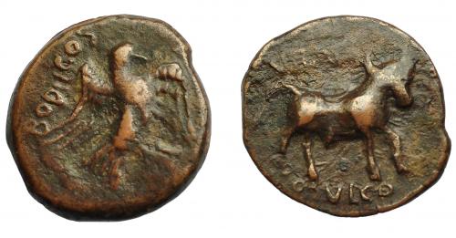 84 - HISPANIA ANTIGUA. OBULCO. Semis. A/ Águila a der., detrás BODILCOS. R/ Toro a der., encima VIINIIT, debajo OBVLCO. AE 7,4 g. 21,2 mm. I-1846. ACIP-2244. MBC. Rara.