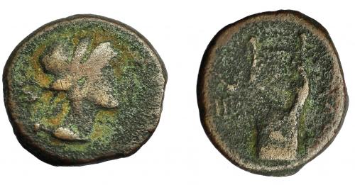 86 - HISPANIA ANTIGUA. OBULCO. Semis. A/ Cabeza femenina con ínfulas a der. R/ Lira, a izq. creciente y III, a der. OBV(LCO). AE 2,83 g. 17,6 mm. I-1852. ACIP-2251. BC. Rarísima.