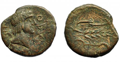 87 - HISPANIA ANTIGUA. OBULCO. As. A/ Cabeza de Apolo a der.; alrededor OBVL-NIG. R/ Arado a izq., yugo y en medio espiga a der. AE 13,25 g. 29 mm. I-1826. ACIP-2253. MBC-/MBC. Muy escasa.
