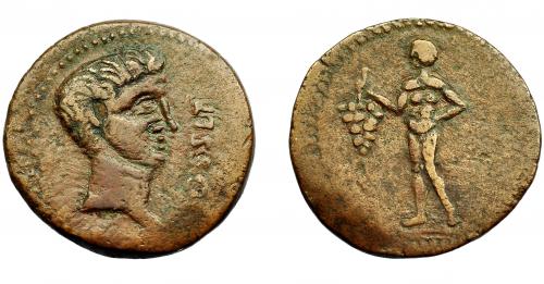 95 - HISPANIA ANTIGUA. OSSET. A/ Cabeza masculina a der.; OSSET. R/ Figura a izq. con racimo de uvas. AE 9,08 g. 26,5 mm. I-1949. APRH-58a. ACIP-2470. MBC.