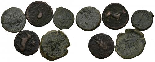 10 - HISPANIA ANTIGUA. Lote de 5 bronces diferentes: Acinipo, Asido, Bailo y Carteia (2: semis y cuadrante). BC+/MBC-.