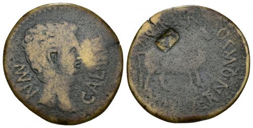 3003 - HISPANIA ANTIGUA. CALAGURRIS. Augusto. As. A/ Cabeza a der.; MVN CAL (IVL). R/ Toro a der.; II VIR Q VRSO M PLAET TRAN. AE 8,4 g. 20 mm. I-408. APRH-435. ACIP-3316. Resello LA en rev. BC-. Muy escasa. Ex colección Guadán, 993.