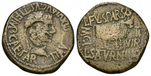 3004 - HISPANIA ANTIGUA. CALAGURRIS. Tiberio. As. A/ Cabeza laureada a der.; TI AVGVS DIVI F IMP CAESAR. R/ Toro a der., detrás M C I, delante II/VIR, encima L FVL SPARSO, debajo L SATVRNINO. Resello cabeza de águila en anv. AE 12,89 g. 27,6 mm. I-429. APRH-448d. ACIP-3128c. BC+.