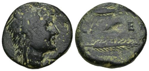 3005 - HISPANIA ANTIGUA. CALLET. As. A/ Cabeza con leonté a der. R/ Dos espigas a der., en medio CA(LL)ET. AE 16,64 g. 24,7 mm. I-433. ACIP-2411. Pátina oscura. BC+.