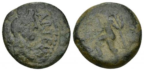 3009 - HISPANIA ANTIGUA. CARTEIA. Semis. A/ Cabeza femenina a der. con corona turriforme, delante CARTEIA. R/ Neptuno a izq. con pie sobre roca, delfín y tridente (D D). AE 6,46 g. 20,7 mm. I-663. APRH-122. ACIP-2615. Algo descentrada. BC.