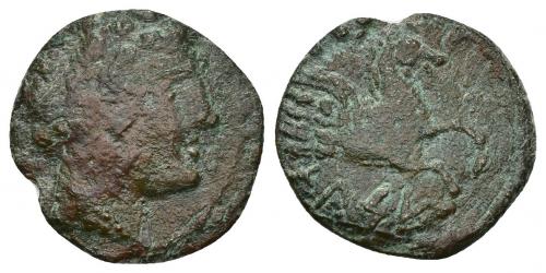 3010 - HISPANIA ANTIGUA. KELSE. Cuarto. A/ Cabeza masculina a der. R/ Prótomo de Pegaso a der., encima 4 glóbulos (poco visibles), debajo KeLSE. AE 2,55 g. 16,8 mm. I-791. ACIP-1748. RC/BC+.