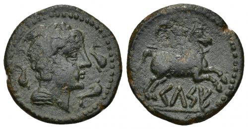 3011 - HISPANIA ANTIGUA. KELSE. Semis. A/ Cabeza de Mercurio a der. con cuello vestido, alrededor tres delfines. R/ Caballo con rienda suelta a der., encima creciente, debajo sobre línea KeLSE. AE 4,85 g. 20,9 mm. I-788. ACIP-1486. Pátina verde oscuro con pequeñas erosiones. MBC-. Rara. Ex subasta Áureo 41 (1993), lote 193.