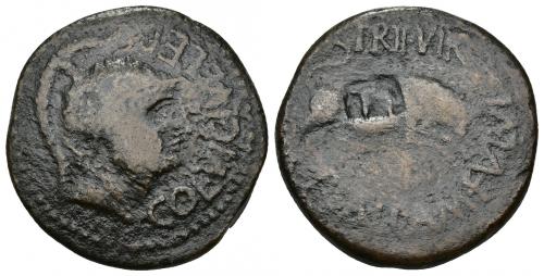 3012 - HISPANIA ANTIGUA. CELSA. As. A/ Cabeza galeada a der.; COL VIC IVL CEL. R/ Toro saltando a der.; P SALPA M FVLVI/ PR II VIR. AE 14,66 g. 29,7 mm. I-799 vte. APRH-1496. ACIP-264b. Resello TI en rev. BC+/BC-. Muy rara.
