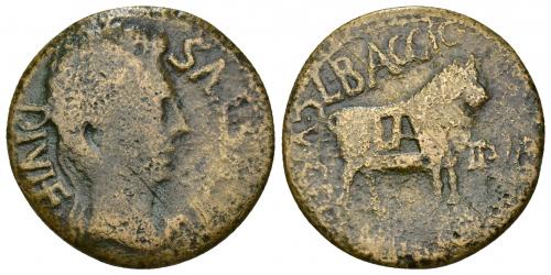 3014 - HISPANIA ANTIGUA. CELSA. Augusto. As. A/ Cabeza laureada a der.; AVGVSTVS DIVI F. R/ Toro a der.; L BAGGIO (MN FESTO) C V I CEL-II VIR. AE 9,51 g. 28,7 mm. I-809. APRH-273. ACIP-3164. Resello LA en rev. BC.
