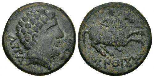 3018 - HISPANIA ANTIGUA. KONTERBIA KARBIKA. Unidad. A/ Cabeza masculina con collar a der.; delante deflín , detrás KaRBiKa. R/ Jinete lancero a der., en exergo KoNTeBaKoM. AE 8,97 g. 25,1 mm. I-846. ACIP-1829. Pátina verde. MBC-. Escasa.