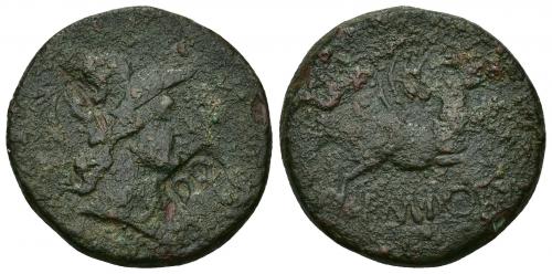 3024   -  HISPANIA ANTIGUA. EMPORITON. As. Doble resello DD y delfín en anv. AAE 12,12 g. 28,3 mm. BC+. Ex colección Guadán, 207.