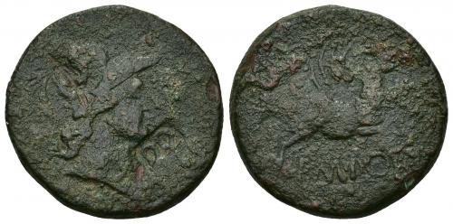3024 - HISPANIA ANTIGUA. EMPORITON. As. Doble resello DD y delfín en anv. AAE 12,12 g. 28,3 mm. BC+. Ex colección Guadán, 207.