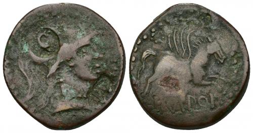 3025 - HISPANIA ANTIGUA. EMPORITON. As. Doble resello DD y delfín en anv. AE 13,11 g. 28,5 mm. BC+.