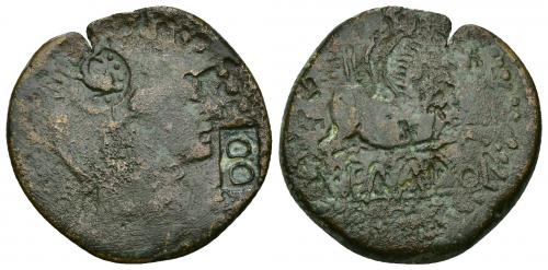 3026   -  HISPANIA ANTIGUA. EMPORITON. As. Doble resello DD y delfín en anv. AE 10,08 g. 28,8 mm. BC/BC+. Ex colección Guadán, nº 204.