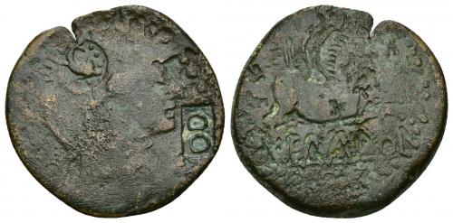 3026 - HISPANIA ANTIGUA. EMPORITON. As. Doble resello DD y delfín en anv. AE 10,08 g. 28,8 mm. BC/BC+. Ex colección Guadán, nº 204.