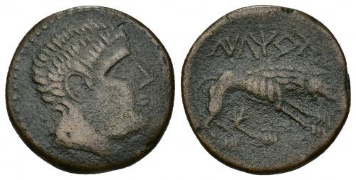 3042 - HISPANIA ANTIGUA. ILTIRTA. As. A/ Cabeza masculina con collar a der. R/ Lobo avanzando a der., encima ILTiRTa. AE 6,56 g. 21,5 mm. I-1477. ACIP-1273. MBC-.