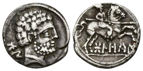 3046 - HISPANIA ANTIGUA. BOLSKAN. Denario. A/ Cabeza masculina barbada y con collar a der., detrás signos ibéricos BoN. R/ Jinete lancero a der., debajo sobre línea BoLSKaN. AR 4,09 g. 18,2 mm. I-1911. ACIP-1417. Grieta. MBC.