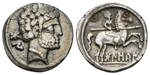 3047 - HISPANIA ANTIGUA. BOLSKAN. Denario. A/ Cabeza masculina barbada y con collar a der., detrás signos ibéricos BoN. R/ Jinete lancero a der., debajo sobre línea BoLSKaN. AR 4,06 g. 19,5 mm. I-1911. ACIP-1417. Leves erosiones en rev. MBC.
