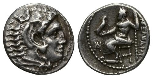 3088   -  GRECIA ANTIGUA. MACEDONIA. A nombre de Alejandro III. Dracma. Mileto (c. 325-319 a.C.). R/ Monograma delante del trono. AR 4,27 g. 16,55 mm. PRC-2124. Golpe en anv. MBC+/MBC. 