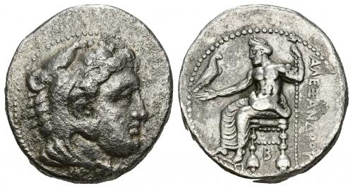 3090   -  GRECIA ANTIGUA. MACEDONIA. Alejandro III. Tetradracma. Tarso (c. 333-327 a.C.). R/ B debajo del trono. AR 16,63 g. 25,10 mm. PRC-3000. Erosiones. MBC-/MBC.