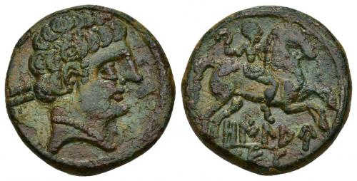 109 - HISPANIA ANTIGUA. OILAUNIKOS. Unidad. A/ Cabeza masculina a der., detrás signo ibérico O. R/ Jinete con hoz de guerra a der., debajo OILAU/NES. AE 7,8 g. 22,83 mm. I-1868. ACIP-1801. Pátina verde irrgular con pequeñas erosiones. MBC+/MBC. Muy escasa.