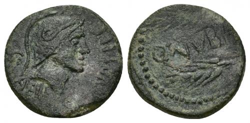 110 - HISPANIA ANTIGUA. ONUBA. Semis. A/ Cabeza con casco a der.; C AELI (Q PV).BLILI. R/ Dos espigas a izq.; ONVBA. AE 3,87 g. 18,44 mm. I-1896. ACIP-2419. Campo del rev. repasado. Pátina oscura. MBC-. Rara. Compra privada Pliego (2003).