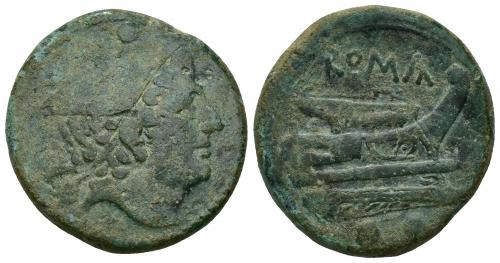3112   -  REPÚBLICA ROMANA. ANÓNIMO. Sextante. Roma (217-215 a.C.). A/ Cabeza de Mercurio con pétaso a der. AE 22,16 g. 29,5 mm. CRAW-38.5. Pátina verde. BC+/MBC-.