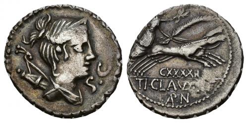 3122   -  REPÚBLICA ROMANA. CLAUDIA. T. Claudius Nero. Denario. Roma (79 a.C.). A/ Busto de Diana a der. con arco y carcaj sobre el hombro, detrás S C. R/ Victoria en biga a der. con palma y corona, debajo CXXXXII/ TI CLAVD (TI F) AP N. AR 3,55 g. 18,92 mm. CRAW-383.1. FFC-567. MBC.