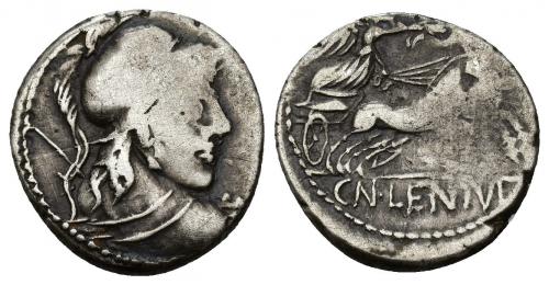 3123   -  REPÚBLICA ROMANA. CORNELIA. Denario. Roma (88 a.C.). A/ Busto de Marte a der. R/ Victoria en biga a der.; CN LENTVL. AR 3,56 g. 18,3 mm. CRAW-345.1. FFC-624. Acuñación floja. BC+.