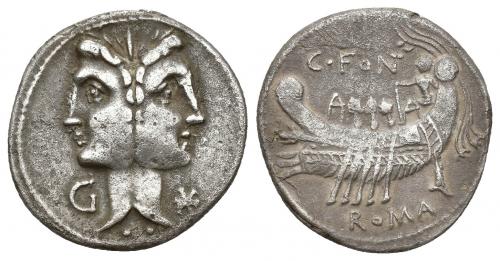 3126   -  REPÚBLICA ROMANA. FONTEIA. C. Fonteius. Denario. Roma (114-113 a.C.). A/ Cabeza janiforme, a izq. G. R/ Galera a izq. con timonel y tres remeros; encima C FONT, debajo ROMA. AR 3,75 g. 19,64 mm. CRAW-290.1. FFC-713. MBC-.