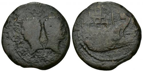 3152   -  PERIODO DE JULIO CÉSAR A AUGUSTO. AUGUSTO. Vienne (Galia). As (36 a.C.). A/ Cabezas de César a izq. y Octaviano a der.; (IMP CAESAR DIVI F DIVI IVLI). R/ Proa a der. con estructura; (C L V) no visible. AE 16,79 g. 32,3 mm. RPC-I, 517. Pátina oscura. BC-. 