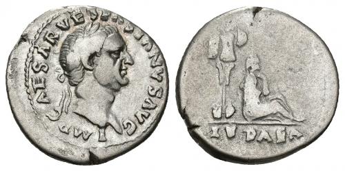 3158   -  IMPERIO ROMANO. VESPASIANO. Denario. Roma (69-71 d.C.). A/ Cabeza laureada a der.; IMP. CAESAR VESPASIANVS AVG. R/ Judea sentada a der. bajo trofeo; IVDAEA. AR 3,25 g. 18,63 mm. RIC-2. Cospel abierto. MBC-./BC+. Muy escasa.