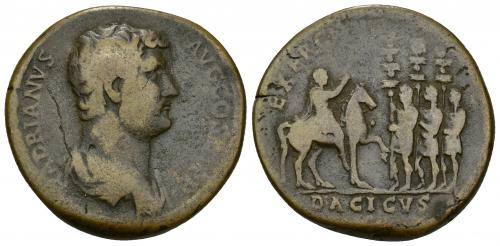 3208   -  IMPERIO ROMANO. ADRIANO. Sestercio. Roma (130-133). A/ Busto drapeado a der.; HADRIANVS AVG COS (III P P). R/ Adriano a caballo a der. arengando a tres soldados con estandartes; EXERCITVS, en exergo DACICVS/(SC). Ae 28,17 g. 33,4 mm. RIC-1933. Raya en anv. BC+. Rara.