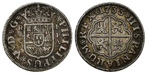 3378   -  FELIPE V. Real. 1733. Sevilla. PA. AR 2,86 g. 19,8 mm. VI-547. MBC.