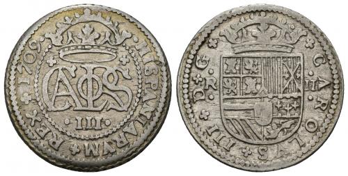 3383   -  CARLOS III PRETENDIENTE. 2 reales. 1709. Barcelona. AR 5,06 g. 27 mm. VI-23. MBC-.