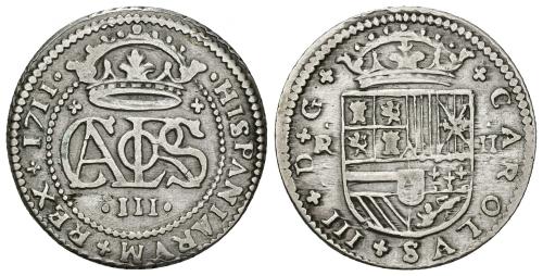 3384   -  CARLOS III PRETENDIENTE. 2 reales. 1711. Barcelona. AR 5,07 g. 26,6 mm. VI-25. MBC.