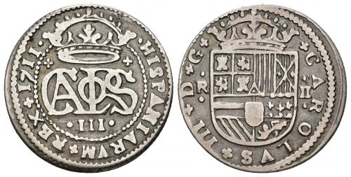 3385   -  CARLOS III PRETENDIENTE. 2 reales. 1711. Barcelona. AR 4,5 g. 26,5 mm. VI-25. MBC-.