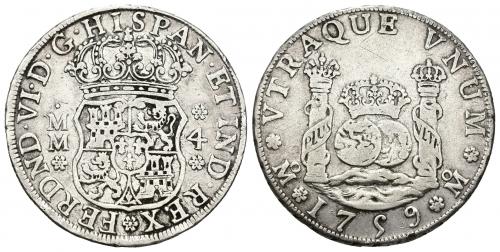3391   -  FERNANDO VI. 4 reales. 1759. México. mm. AR 13,26 g. 33 mm. VI-301. Pequeñas marcas. MBC-. 