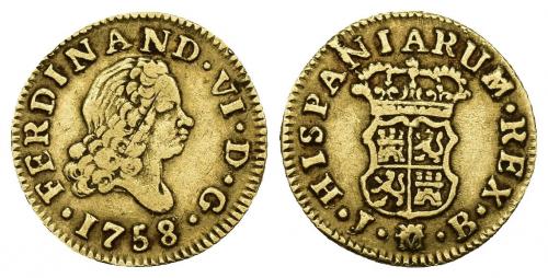 3392   -  FERNANDO VI. 1/2 escudo. 1758. Madrid. JB. AU 1,78 g. 15 mm. VI-417. Raya de acuñación en anv. MBC/MBC-.