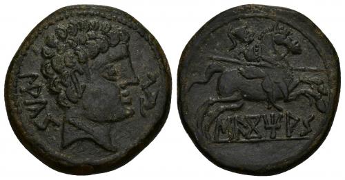 139 - HISPANIA ANTIGUA. SEKOTIAS. Unidad. A/ Cabeza masculina con collar a der., delante delfín, detrás LAKaS. R/ Jinete lancero a der., debajo sobre línea SEKoTiAS. AE 11,8 g. 27,3 mm. I-2153. ACIP-1880. Trazas de limpieza mecánica. Pátina verde. EBC-/MBC+. Escasa.
