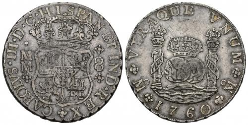 3394   -  CARLOS III. 8 reales. 1760. México. MM. AR 26,8 g. 37,8 mm. VI-916. Pequeña raya en rev. MBC.
