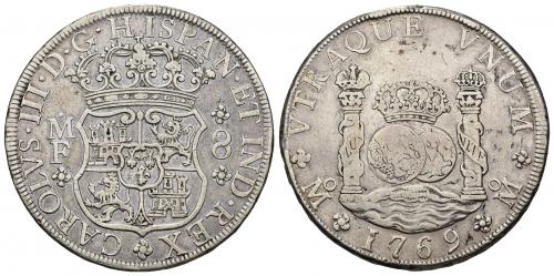3396   -  CARLOS III. 8 reales. 1769. México. MF. AR 26,66 g. 39,2 mm. VI-927. Golpecitos en canto. MBC/MBC-.