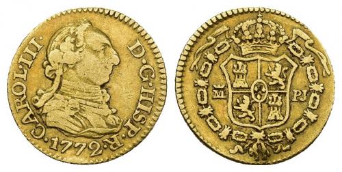 3401   -  CARLOS III. 1/2 escudo. 1772. Madrid. PJ. AR 1,75 g. 14,3 mm. VI-1053. Golpecito en rev. MBC-. 